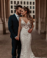 Yunshang Elegant Mermaid Wedding Dress Spaghetti Straps V-Neck Lace Open Back Applique Bridal Gown Sweep Train Vestidos De Novia